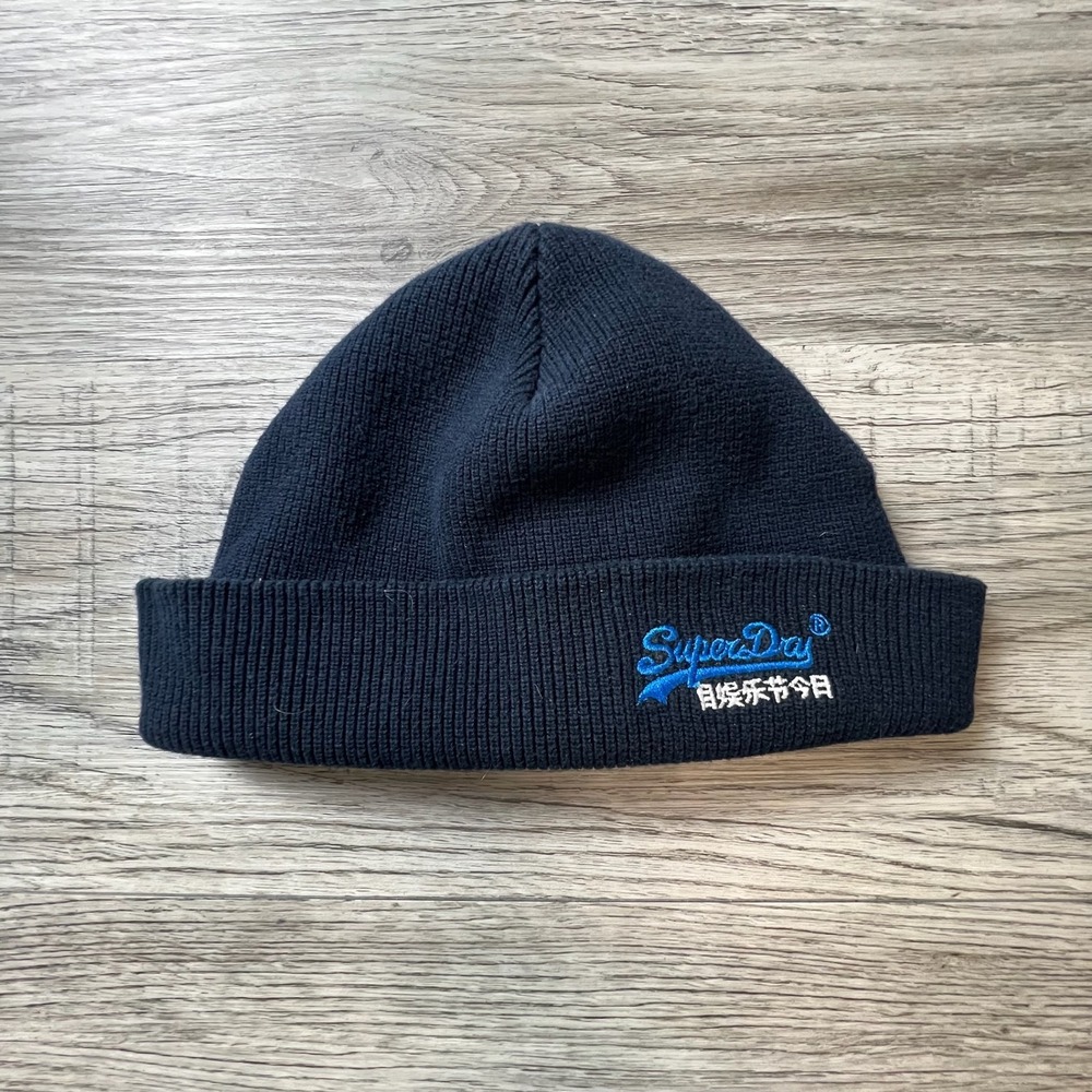 Superdry Beanie Hat Mens‎ OS Navy Blue Embroidered Logo Ribbed Knit Winter T53
